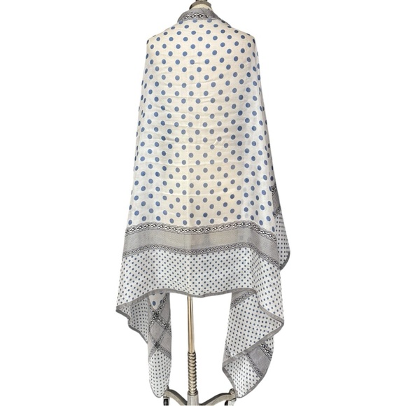 Vintage Sheer Blue Polka Dot Scarf Black Lace Border 70x42 Oversized Wrap - Picture 6 of 13